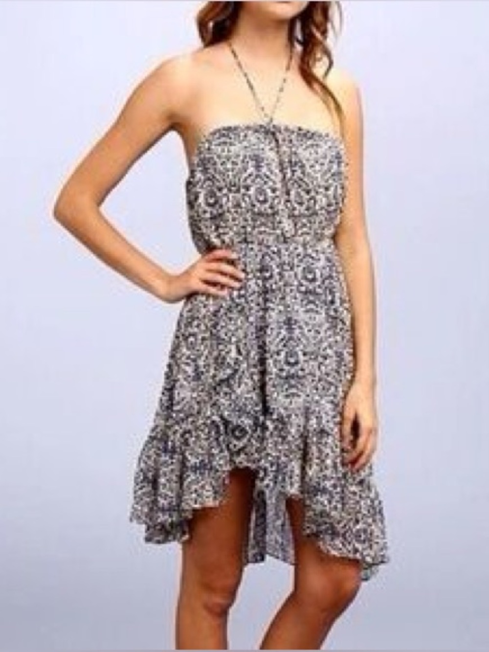 Vintage Free People Halter/Strapless Blue and Ivory Dress